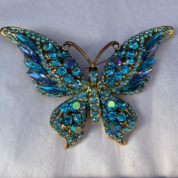 unknown Jewelry - Vintage Unsigned Regency Style Rhinestone Butterfly Brooch Pin Blue Gold Tone L